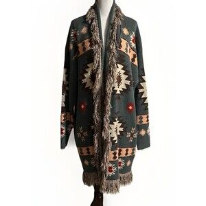 Jodifl Aztec Open Front Sweater Cardigan 44” Long Tribal Warm Fringe Womens 2XL￼